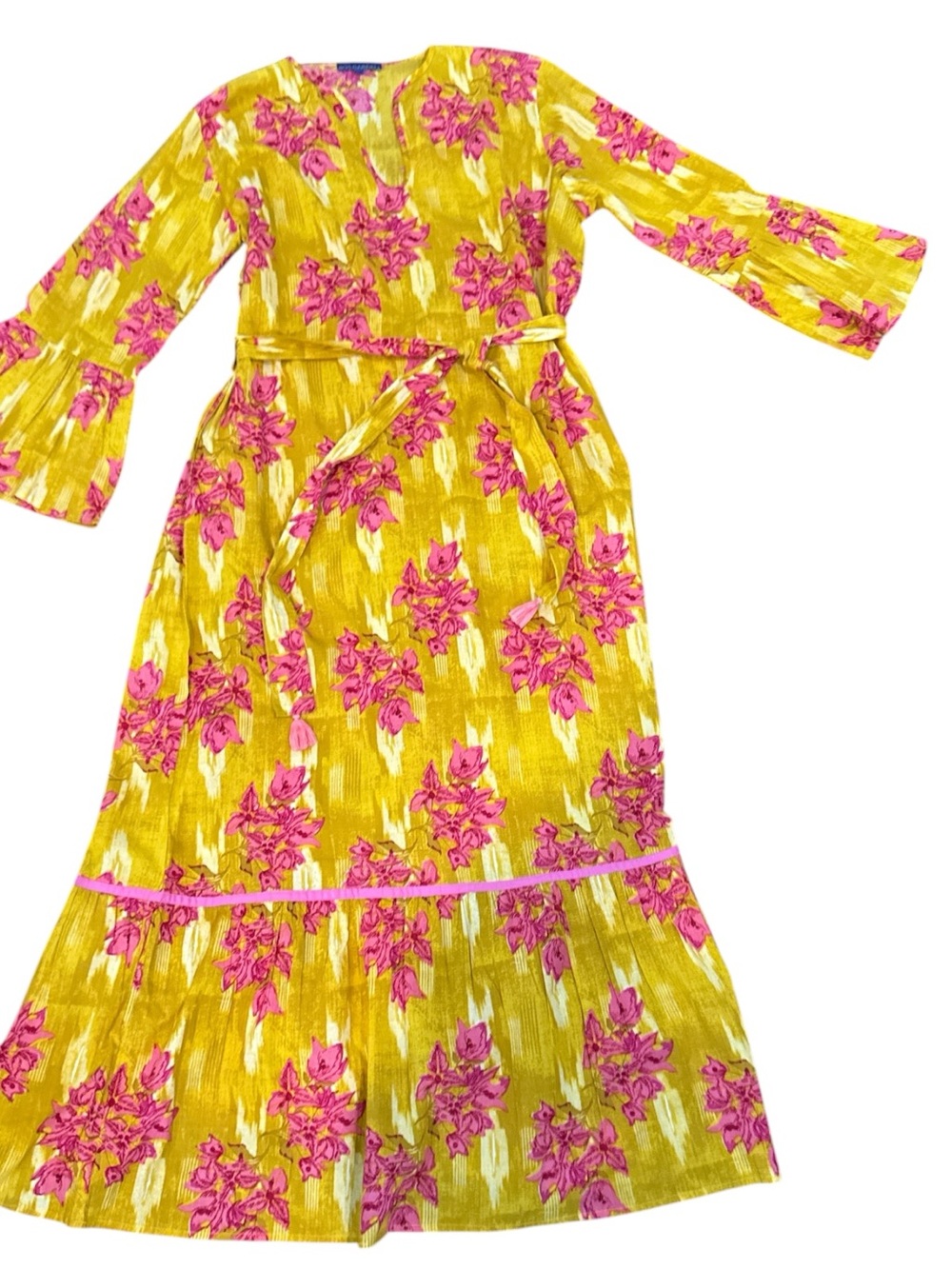 Ro’s Garden Floral Mustard Yellow MIDI Dress EUC Pockets Belt Lightweight Size L